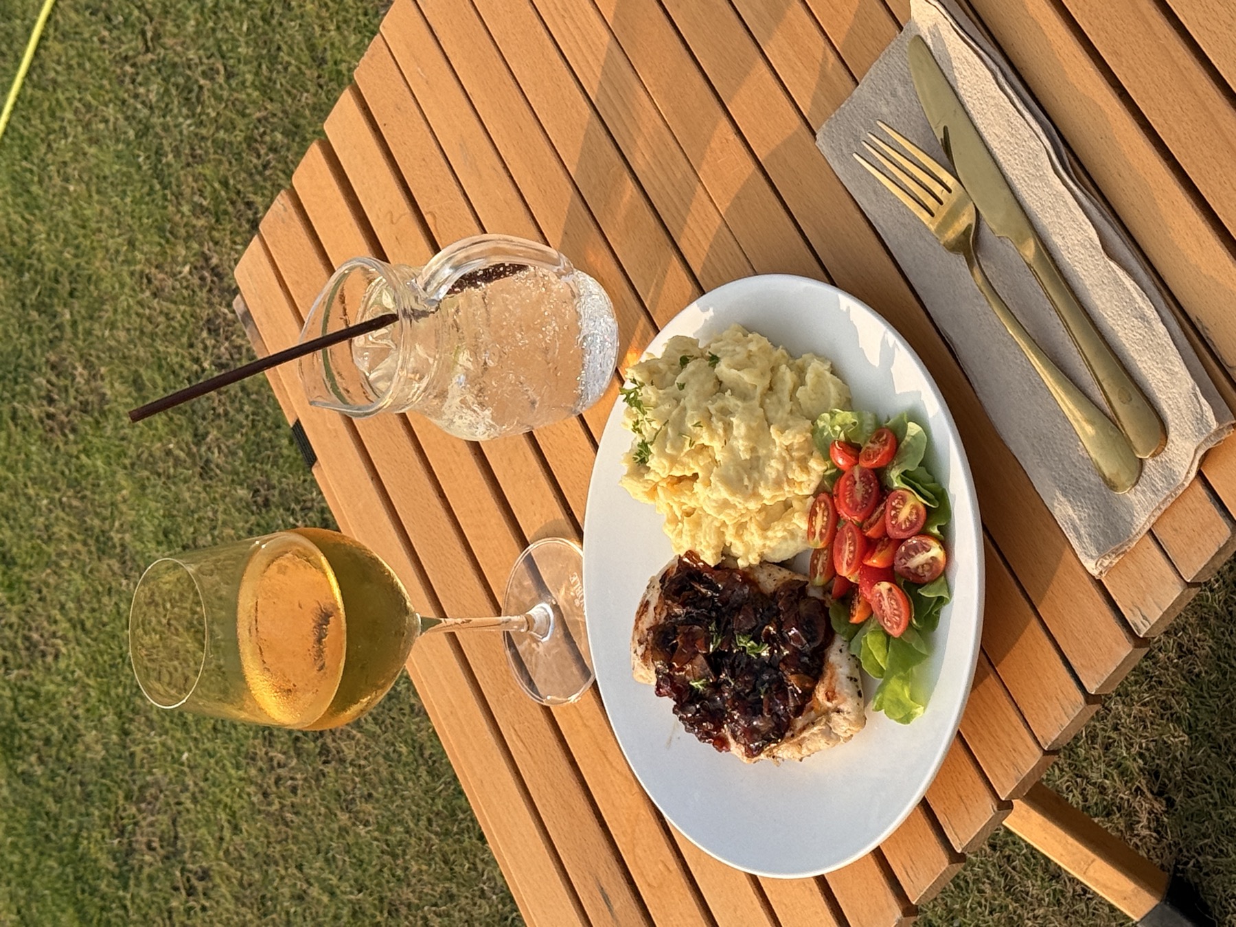 Steak with mashed potato and wine on the lawn