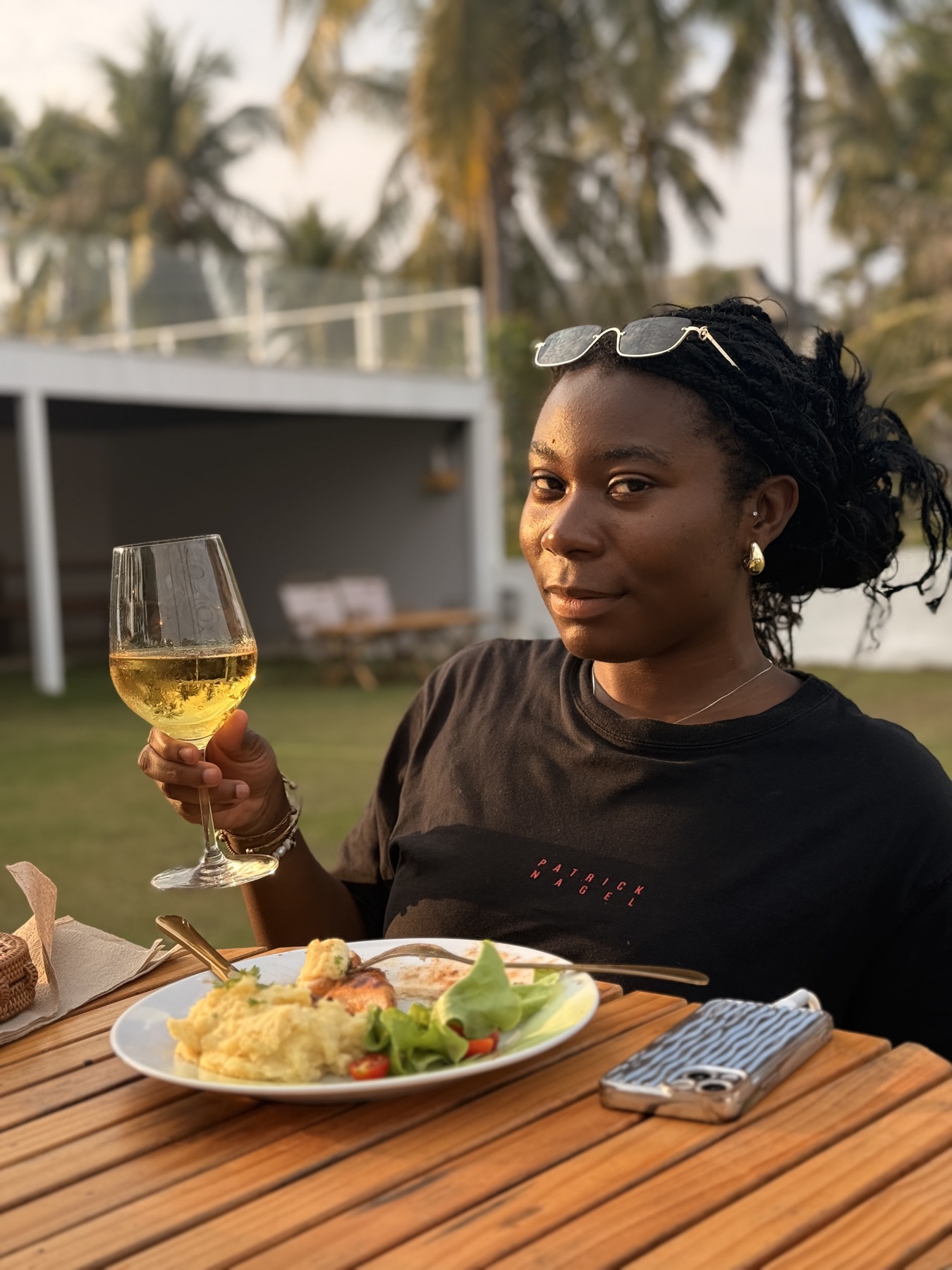 Wine and dinner at golden hour on the lawn